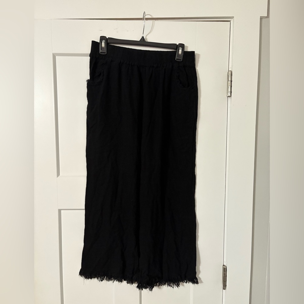Umgee Black Frayed Wide Leg Linen Pants